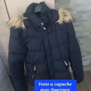 Veste dame a capuche col fourrure bleu marine T -S