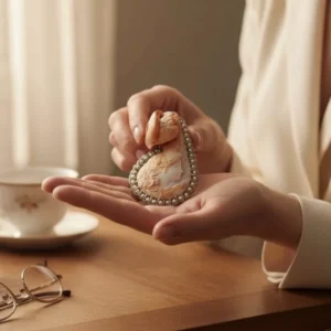 Gros camée sculpté sur coquillage peau d'ange et perles de culture