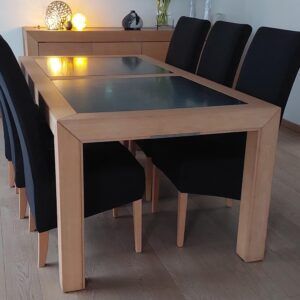 Salle à manger, chêne massif et pierre bleue polie