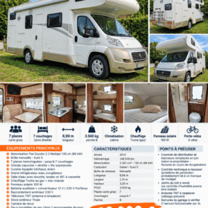 Camping-car familial 7 places / 7 couchages – CI Trigano Elliot 40 – Fiat Ducato 130 ch – 2013 – Permis B